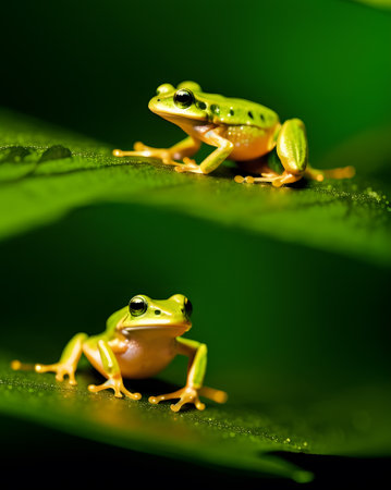 Small tree frogs in natural environment. Tree frogs, dumpy frog on leaves closeup view. Generative AIの素材