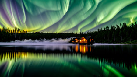 Aurora borealis above a house and trees. Beautiful purple and green Northern Lights in the night sky over lake and forest. Generative AIの素材