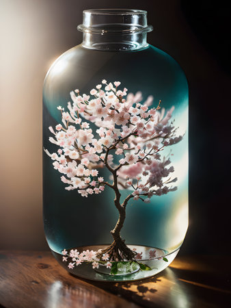 Spring pink blooming cherry sakura inside glass bottle. Romantic abstract still life concept. Generative AIの素材