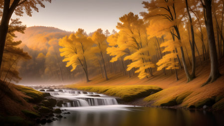 The river with waterfall in autumn forest and the sun shining through the foliage. River waterfall in the autumn forest. Generative AIの素材