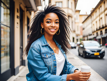 a happy African girl with long hair in a denim jacket walks down a city street in summer at the golden hour. generative aiの素材
