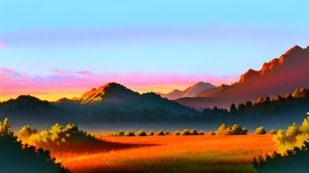 Landscape view of the mountains against the sky during sunrise. A majestic sunset over the mountains with a magical mist. Beautiful tonal perspective of the wide-angle panorama. Generative AIの素材