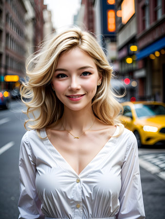 a happy blonde in a white blouse walks down a city street in summer at the golden hour. generative aiの素材