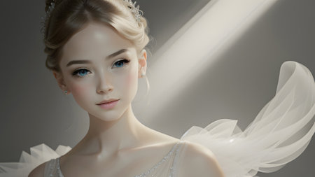 Beautiful luxury bride dancing with veil. The beautiful ballerina dancing with white veil, closeup portrait on black background. Generative AIの素材