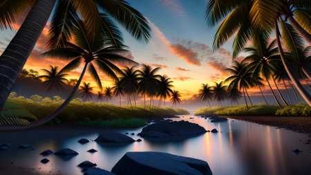 Beautiful sunset over tropical river with palm trees and yellow sky for travel and vacation in holiday relax time, generative AIの素材