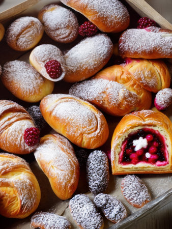 Viennoiserie with mix berry and cherry, Viennoiserie are French baked goods made from a yeast - leavened dough in a mannの素材