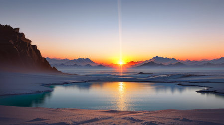 Beautiful sunset over a dead lake and the salty soil of the salt marshes, all in white saltの素材