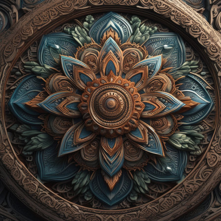 Relief circular medallion, royal decorative symbol. Copper mandala. copper pattern. Shiny medallion. Generative AIの素材