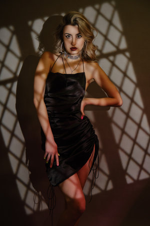 A beautiful girl in a dark studio, light falls on her through the blinds, forming a striped pattern. Portrait of woman in projection light in studioの写真素材