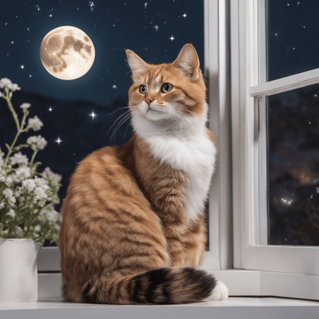 cat sitting on the window against the background of the night sky with stars and the moon. generative aiの素材