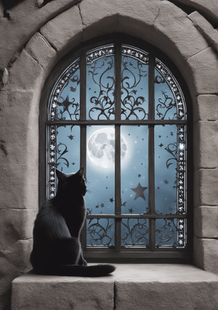 cat sitting on the window against the background of the night sky with stars and the moon. generative aiの素材