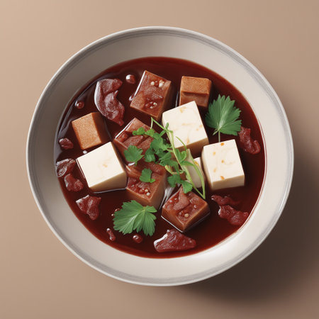 Fresh vegetarian miso soup with shiitake mushrooms, tofu cheese and greens on a wooden table. Healthy, balanced food. Top view. generative aiの素材