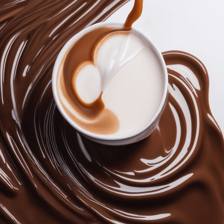Cup of chocolate or coffee and milk pouring into each other. Chocolate and milk textured tasty background splashes. Generative aiの素材