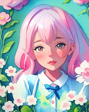 portrait of a girl with pink hair looking at camera. valentine flowers background illustration, generative aiの素材