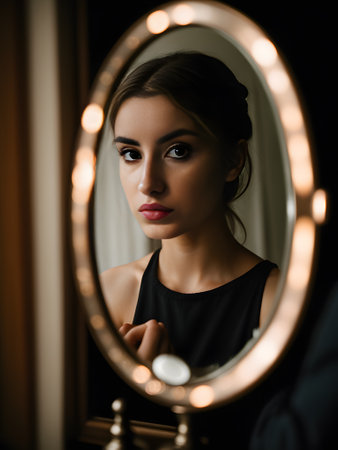 sad passive woman looking in mirror. generative aiの素材