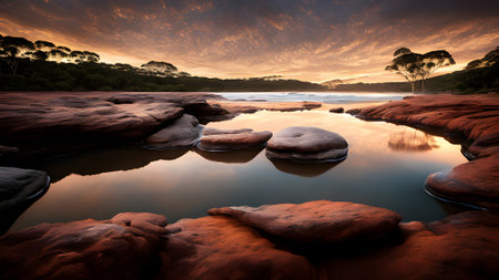 Fantastic big rocks and ocean waves at golden sundown. Sunset on the coast at dawn with rocks in foreground generative aiの素材
