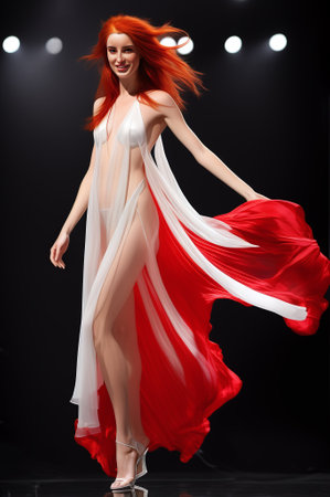 A chic model in a red and white designed dress on the catwalk fashion show. generative aiの素材