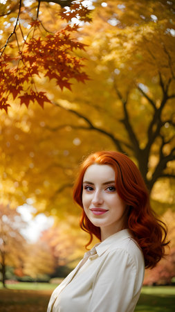 Portrait of young happy smiling girl in autumn park, positive cheerful young woman enjoying a walk outdoors in autumn city park. generative aiの素材