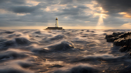 storm at sea, waves hitting the shore of the lighthouse. majestic lighthouse against the tumultuous sea with powerful waves, generative aiの素材