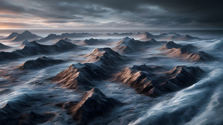 Fantastic big rocks and stormy ocean waves at golden sundown. Sunset on the coast at dawn with rocks in foreground generative aiの素材