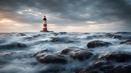 storm at sea, waves hitting the shore of the lighthouse. majestic lighthouse against the tumultuous sea with powerful waves, generative aiの素材