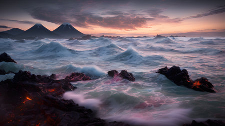 Fantastic big rocks and stormy ocean waves at golden sundown. Sunset on the coast at dawn with rocks in foreground generative aiの素材