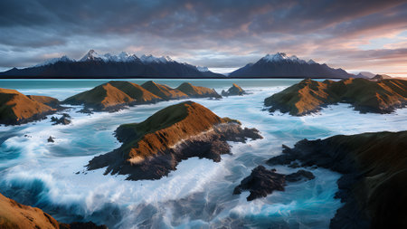 Fantastic big rocks and stormy ocean waves at golden sundown. Sunset on the coast at dawn with rocks in foreground generative aiの素材