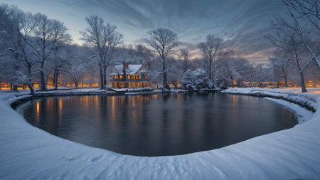 Winter Christmas Landscape with Snow and Trees at moonlight. generative ai