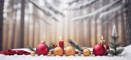 Merry Christmas and Happy New Year. Festive bright beautiful background. Decorated Christmas balls on snow with blurred background. de-focused lights, bokeh. New Year concept. Generative aiの素材