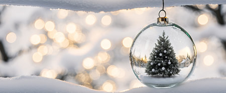 Christmas tree in glass ball on snow. Glitter lights on blurred background. Generative aiの素材