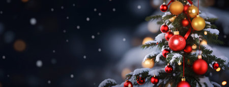 Merry Christmas and Happy New Year. Festive bright beautiful background. Decorated Christmas tree on blurred background. de-focused lights, golden bokeh. New Year concept. Generative aiの素材