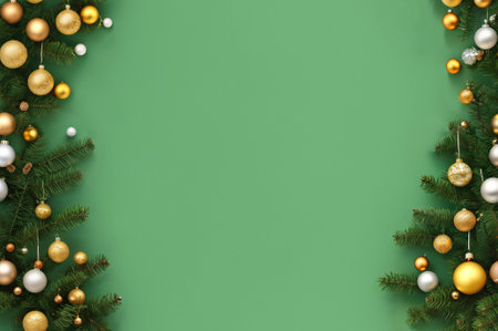 Christmas and New Year background. Pine twigs with Christmas decoration on white background with copy space for text. The concept of Christmas and New Year holidays. Generative aiの素材