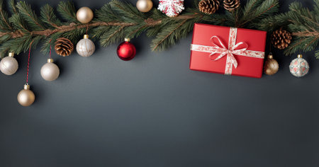 Christmas and New Year background. Pine twigs with Christmas decoration on white background with copy space for text. The concept of Christmas and New Year holidays. Generative aiの素材