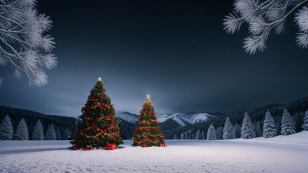 Winter Christmas Landscape with Snow and Trees at moonlight. generative aiの素材