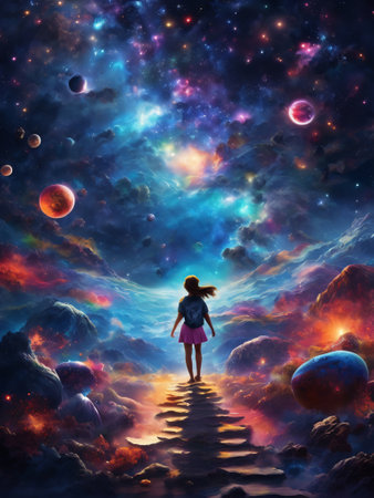 Landscape of an alien planet with child silhouette, view of another colorful planet with stars, Moons and nebulas, science fiction cosmic background with mountains and water. Generative AIの素材