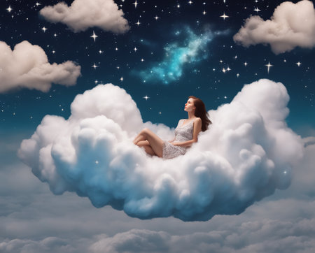 Tranquil scene of a young woman dreaming and sleeping on a cloud up in the sky. generative aiの素材