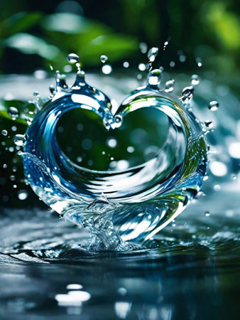 abstract water design, romantic heart shape splashing over water, blue liquid splash closeup. generative aiの素材