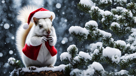 Little Christmas squirrel in the winter forest near pine with snow. Generative aiの素材