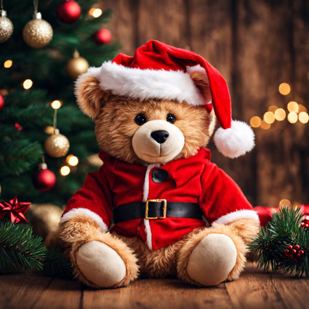 Teddy Bear Christmas Backdrop. Christmas background with gift boxes under the Christmas tree and teddy bear decoration in rustic style interior with red copy space background. generative aiの素材