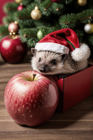 Christmas postcard. Cute tiny hedgehog with apple is looking at the camera under a Christmas tree. Christmas and New Year concept theme, Generative AIの素材