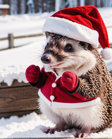 Christmas postcard. Cute happy tiny hedgehog in Santa suit in snowy mountains. Christmas and New Year concept theme, Generative AIの素材