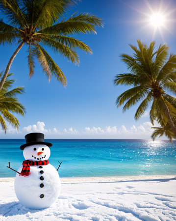 Funny snowman on the tropical sea coast. Christmas and New Year background. Generative aiの素材