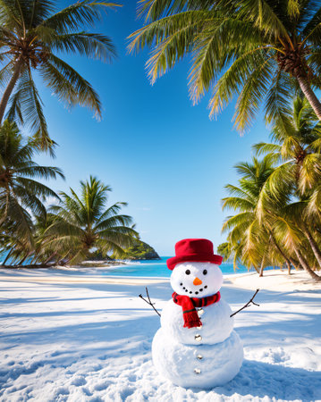Funny snowman on the tropical sea coast. Christmas and New Year background. Generative aiの素材