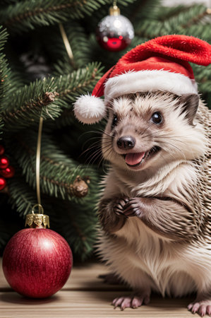 Christmas postcard. Cute tiny hedgehog with apple under a Christmas tree. Christmas and New Year concept theme, Generative AIの素材
