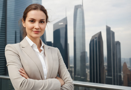Young businesswoman portrait on background of skyscrapers in city. Business woman in suit looking at camera. Multiracial Chinese Asian/Caucasian professional woman in downtown downtown.の素材