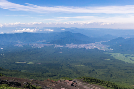 Mount fuji, japan climbing from yoshida trail. View of kawaguchiko and mount Fuji foothills.の写真素材