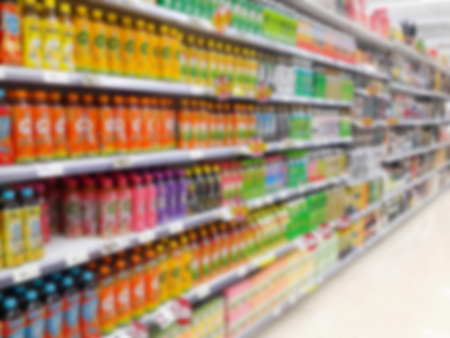 Blurred abstract background of shelf in supermarketの写真素材