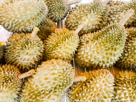 The pile of Durian in fruit market,Thailandの写真素材