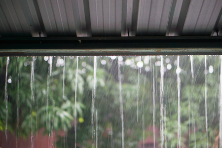 Streams of rain water pour off a corrugated roofの写真素材