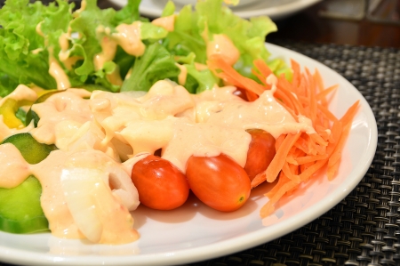 Fresh vegetable salad in white plate topped with thousand island dressingの写真素材